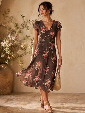 David Warren New York 100% Silk Brown Floral Midi Dress Size 10 V Neck Flutter